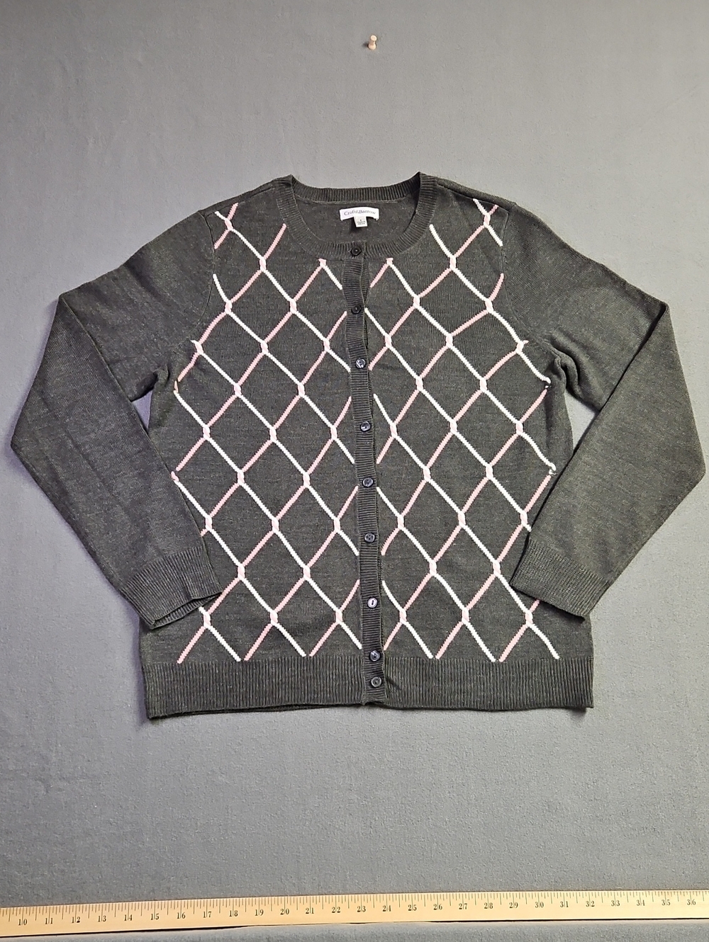Croft & Barrow Gray Cardigan with Pink Lattice